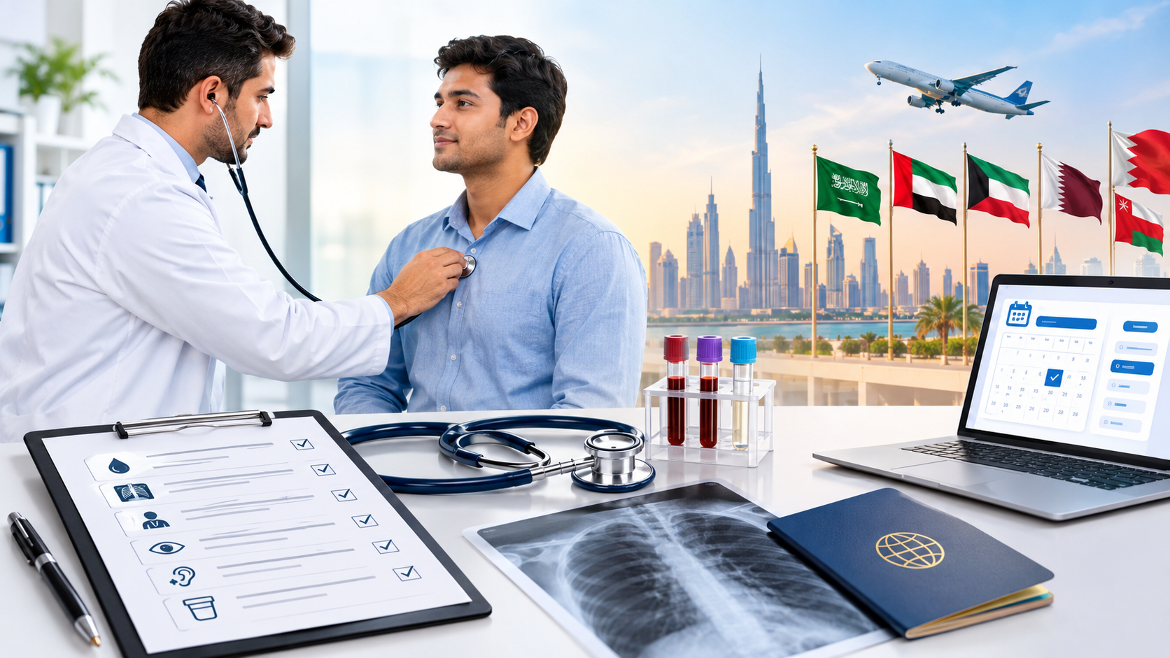 GAMCA Medical Test with doctor consultation, health checkup, medical documents, passport and GCC travel preparation